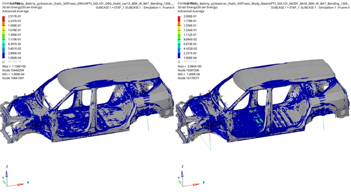 Vehicle structural CAE model showing analysis response
